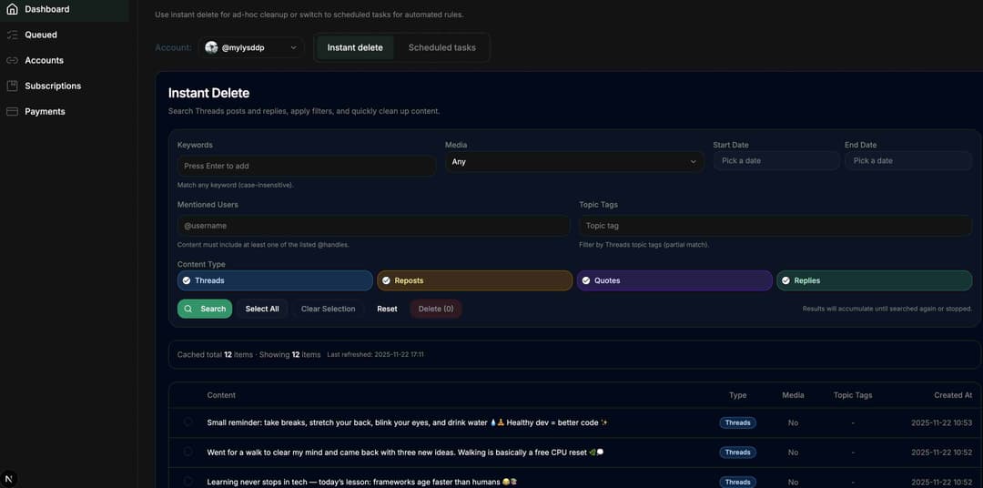 DeleteThreads - Bulk Delete Your Threads Posts